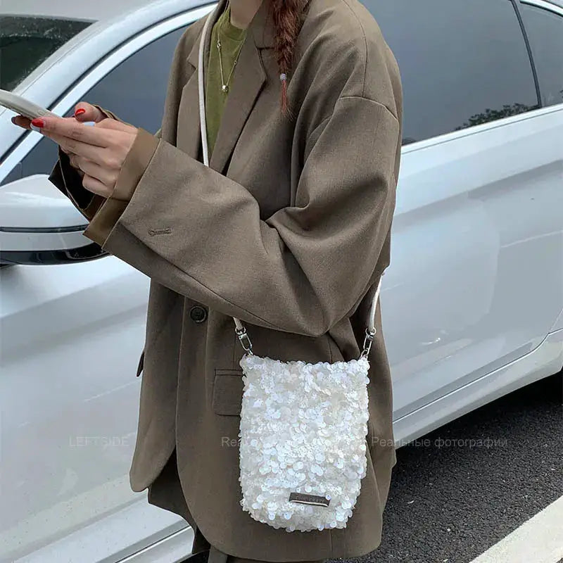 LEFTSIDE mini sequins shoulder bag by Simples Market, white sequin crossbody bag