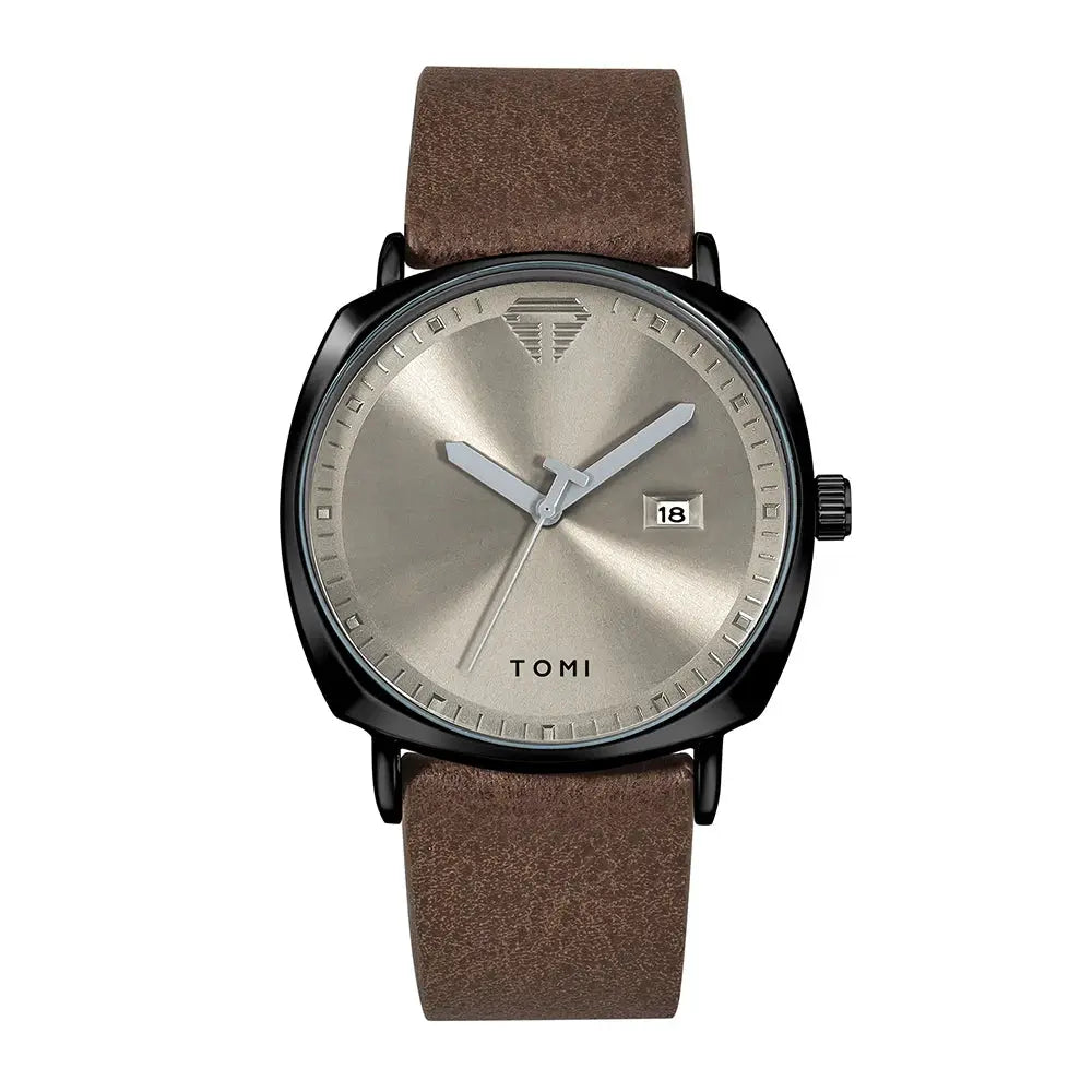 TOMI men's watch with beige sunburst dial, date window, black case, and brown leather strap.