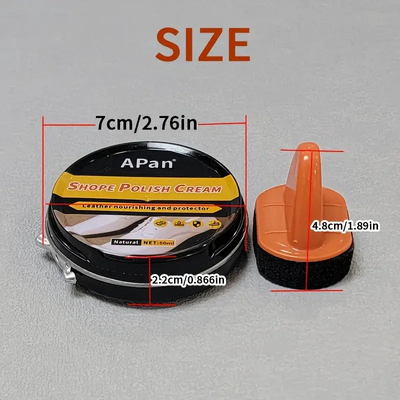 Two-piece shoe polishing kit for faux leather; APan colorless cream tin and orange applicator sponge