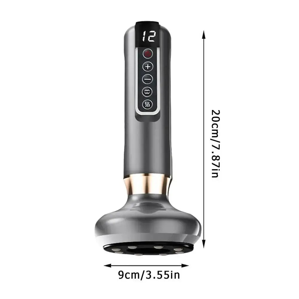Handheld anti-cellulite massager, silver, with suction cup head and hot compress for legs and body slimming.