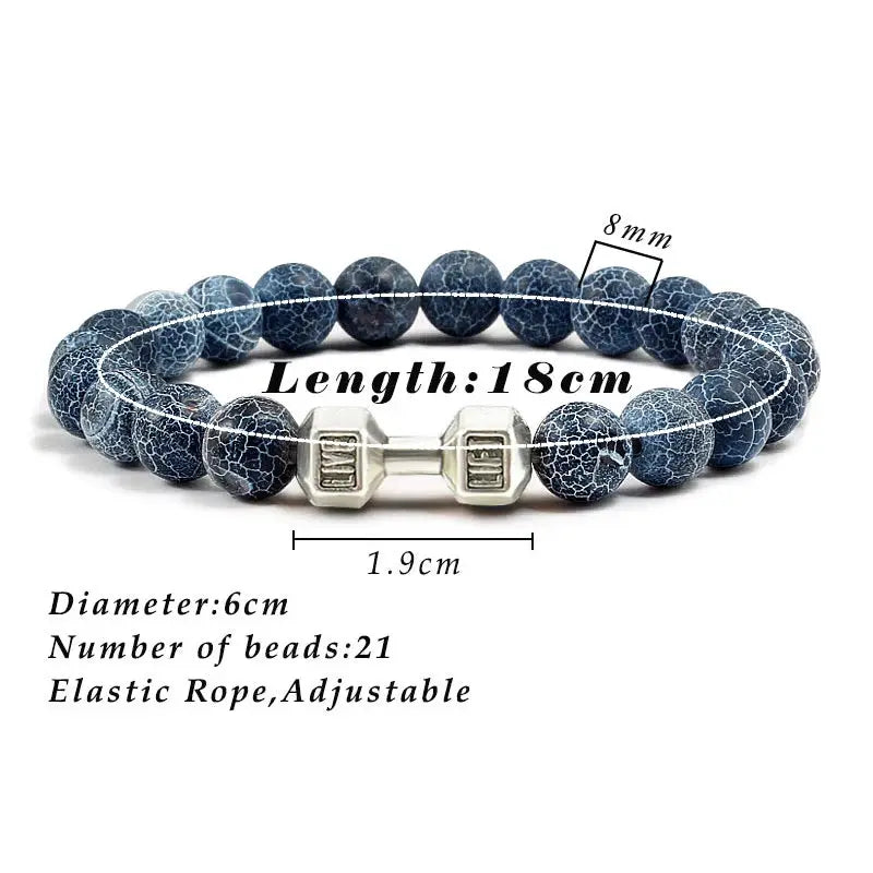 Natural Volcanic Stone Bracelet For Men And Women Matte Black Lava White Beads Dumbbell Charm Strand Fitness Jewelry