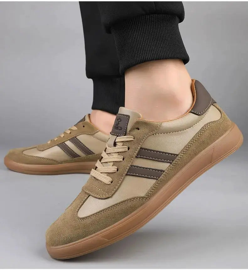 Simples Market men's leather sneakers, tan/brown casual trainers with dark stripes and non-slip gum sole.