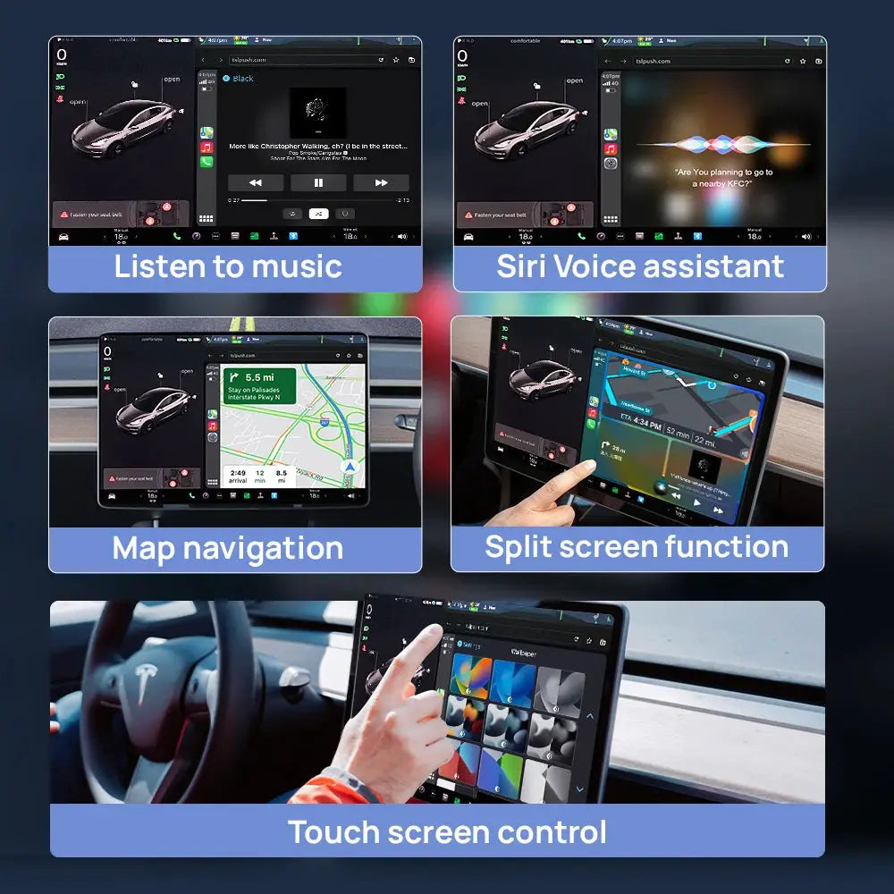 Simples Market T2C CarlinKit wireless CarPlay/Android Auto for Tesla — dashboard infotainment with music and navigation