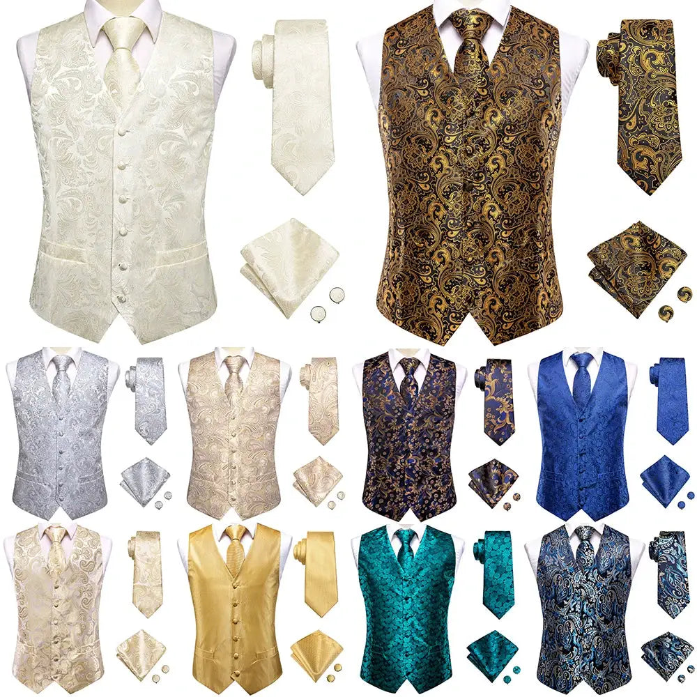 Simples Market men's wedding vest set; paisley floral waistcoats with ties and cufflinks in ivory, blue.