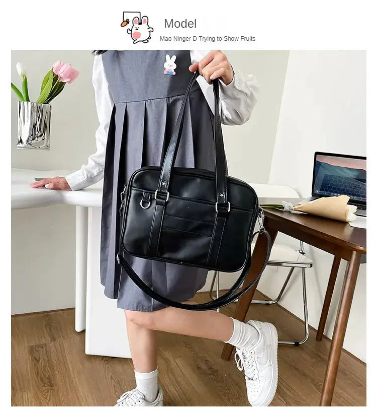 Black PU leather Japanese Style JK bag with top handles and crossbody strap