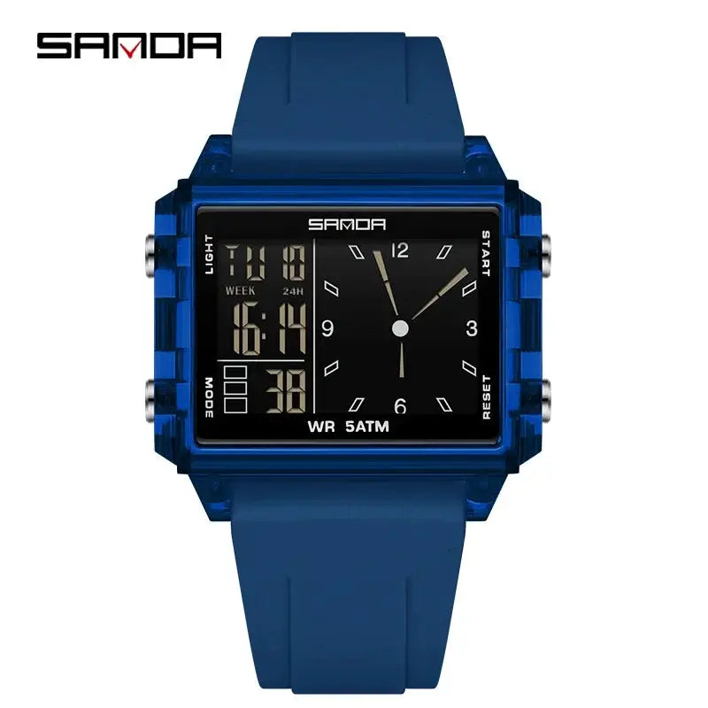 SANDA blue square dual-time wristwatch with digital-analog display and silicone strap