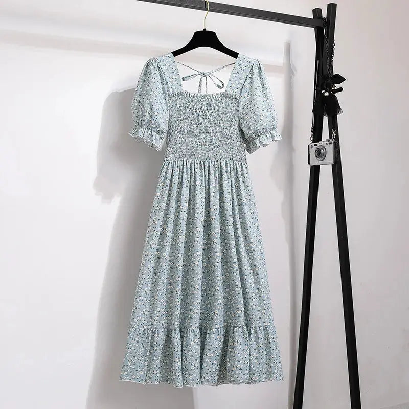Chiffon Spring Summer A Line Dress For Women With Elastic Waist Pleated Short Sleeve Casual Flattering Fit