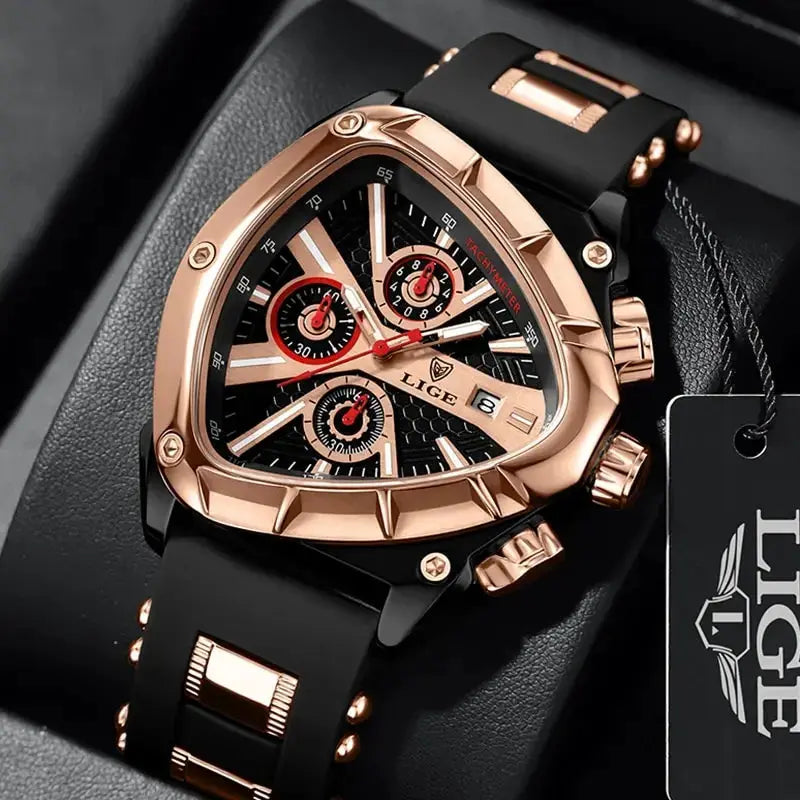 LIGE men's luxury watch with rose-gold case, black silicone strap, chronograph dial, waterproof, in box