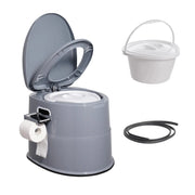 Grey plastic portable camping toilet with open lid and detachable inner bucket