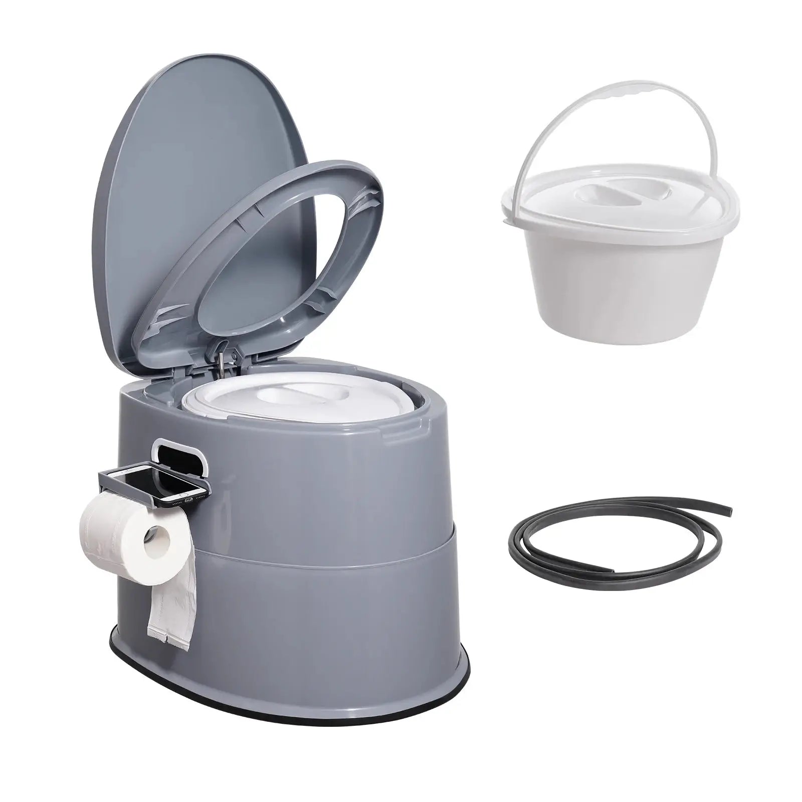 Grey plastic portable camping toilet with open lid and detachable inner bucket