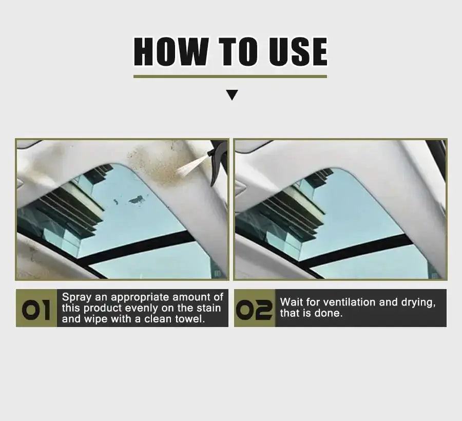 Ryekew car interior cleaner by Simples Market - two-step use: spray on ceiling, wipe with towel; vent and dry.