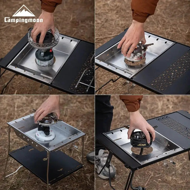 CK-25PG stainless steel Korean-style furnace plate by CampingMoon on a camping frame; windproof stove.