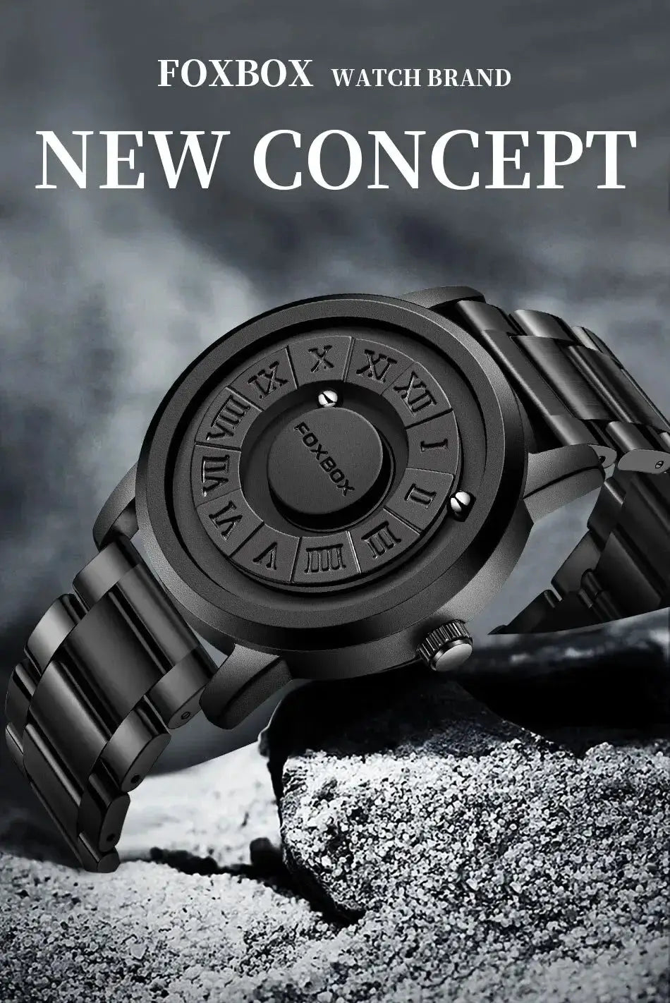 FOXBOX watch in black stainless steel for men with Roman numeral bezel.