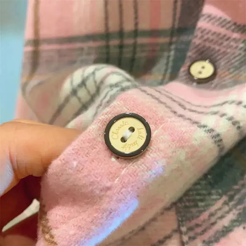 Autumn Plaid Shirt For Girls And Boys Casual Retro Lapel Long Sleeve Single Breasted Top