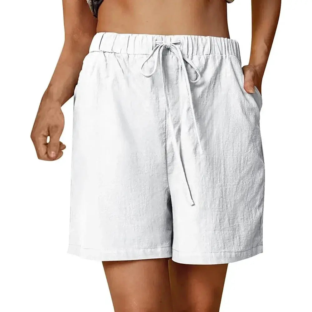 Women's white cotton-linen drawstring shorts, loose straight fit