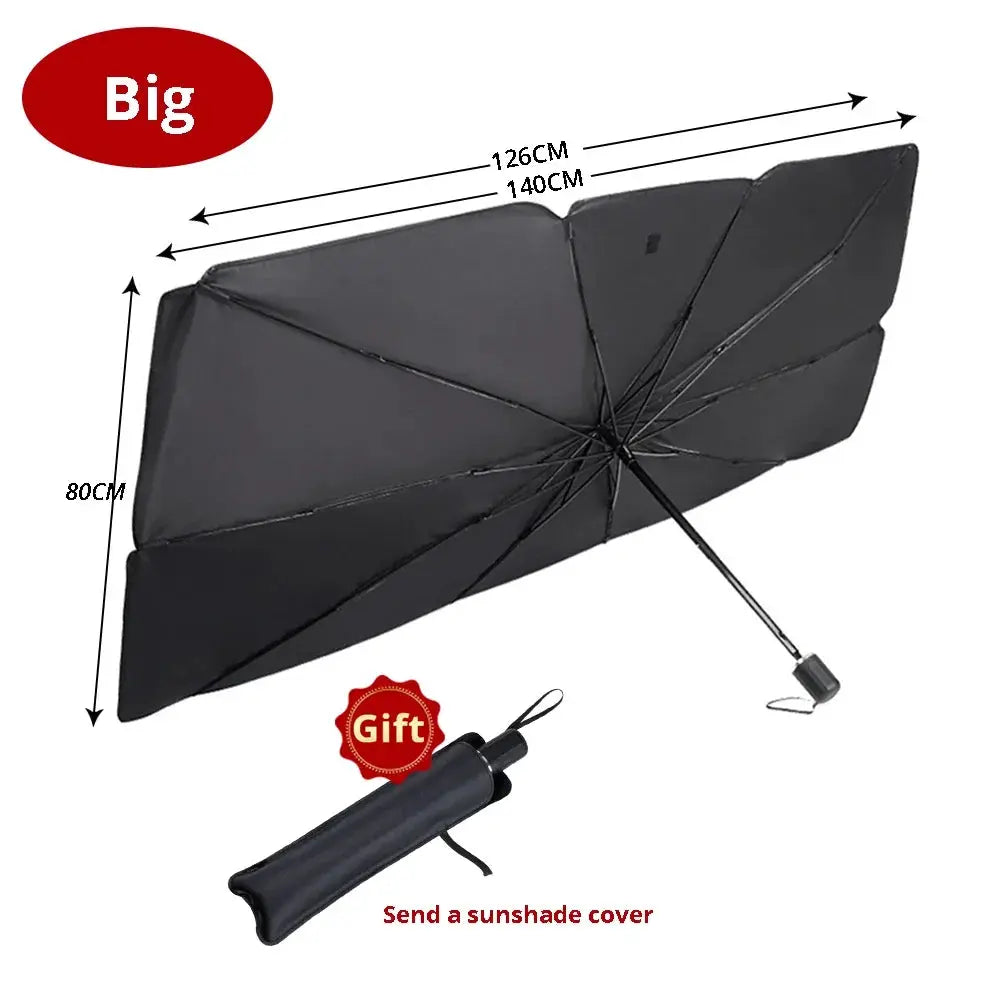 Simples Market foldable car windshield sunshade, black umbrella-style with carrying strap; gift sunshade cover included