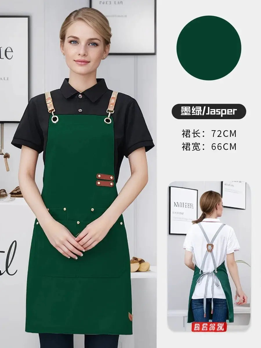 Waterproof kitchen apron Simples Market emerald green with pockets and tan straps