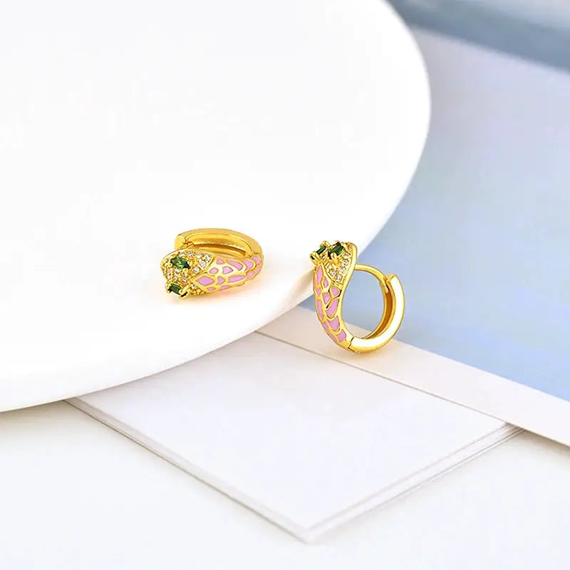 Simples Market pink enamel geometric hoop earrings with green stones and zircon accents, gold-tone finish