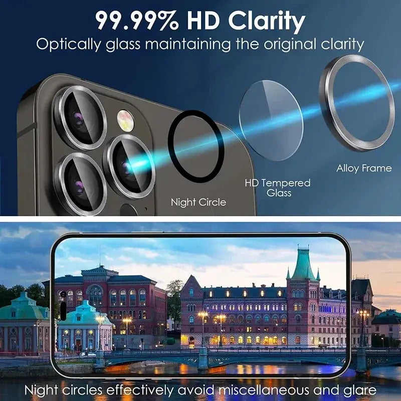 3-piece metal lens protector glass for iPhone camera lenses by Simples Market (HD tempered glass, alloy frame)