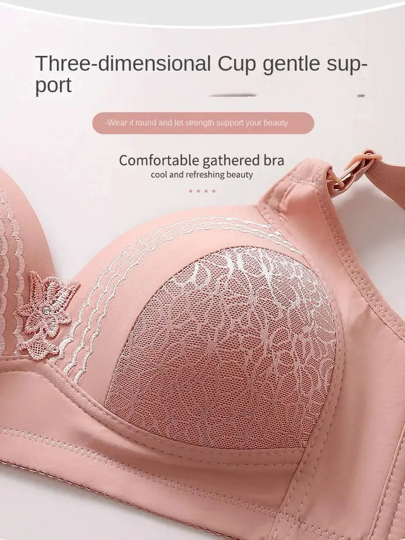 Bra pink lace wireless no underwire with gathered cups and floral applique.