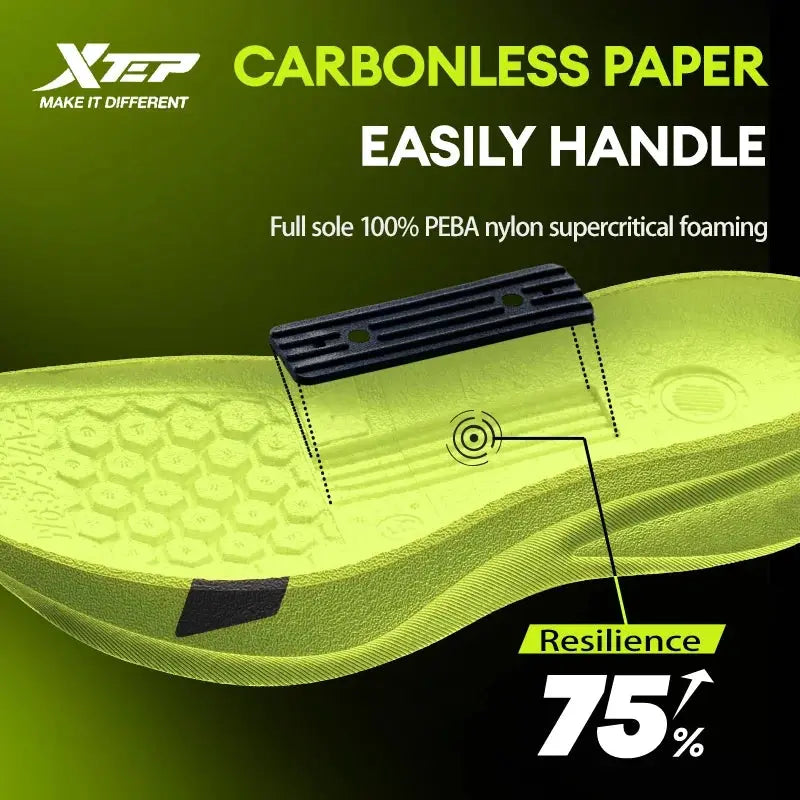 XTEP running shoe sole close-up with lime-green accents and resilience 75%
