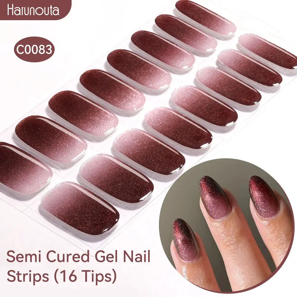 Simples Market Gradient Auroras Semi-Cured Gel Nail Strips, 16 burgundy glitter tips for UV/LED nails
