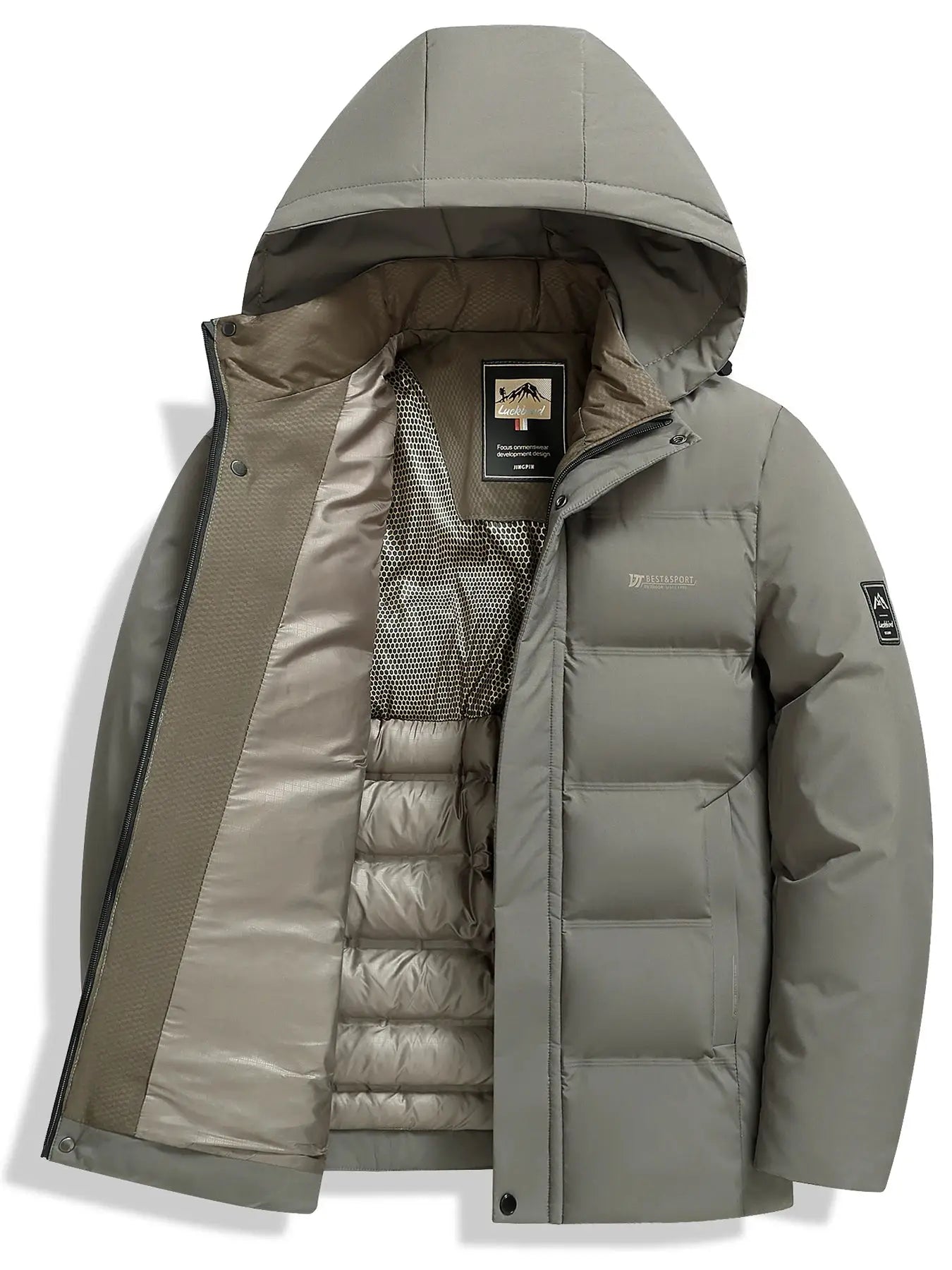 Men's padded jacket with hood in gray-green; quilted interior, front zipper and snap closures