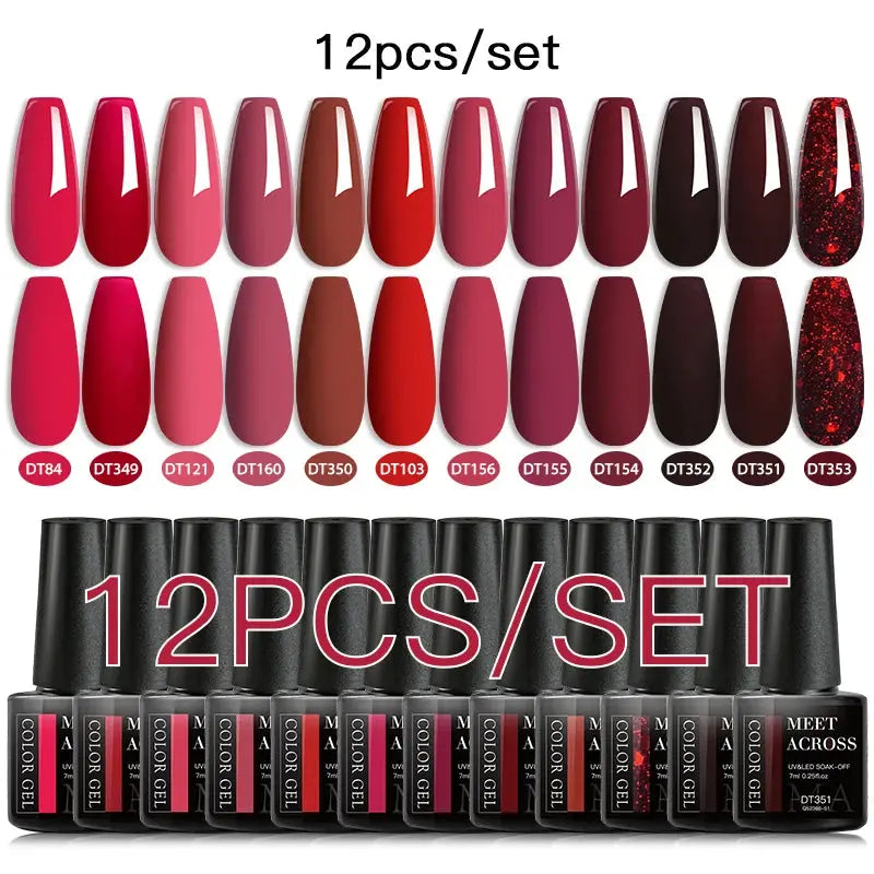 MEET ACROSS 12-color gel nail polish set with pink glitter tones