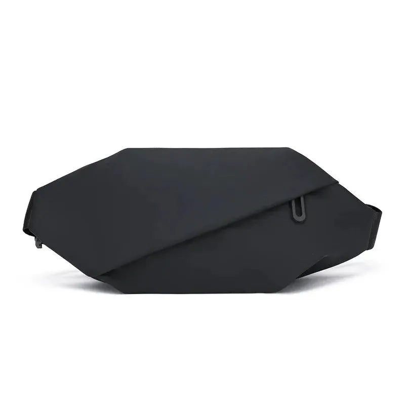 Waist bag in black with an angular geometric silhouette; multifunctional outdoor crossbody bag.