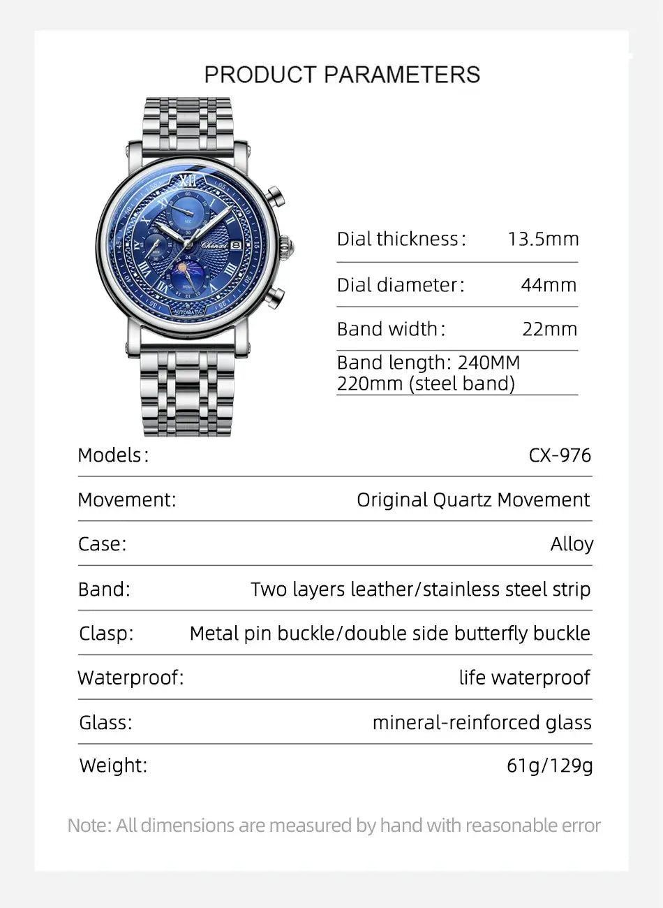 Chenxi 976 men's stainless steel chronograph watch with blue dial and date window, Simples Market