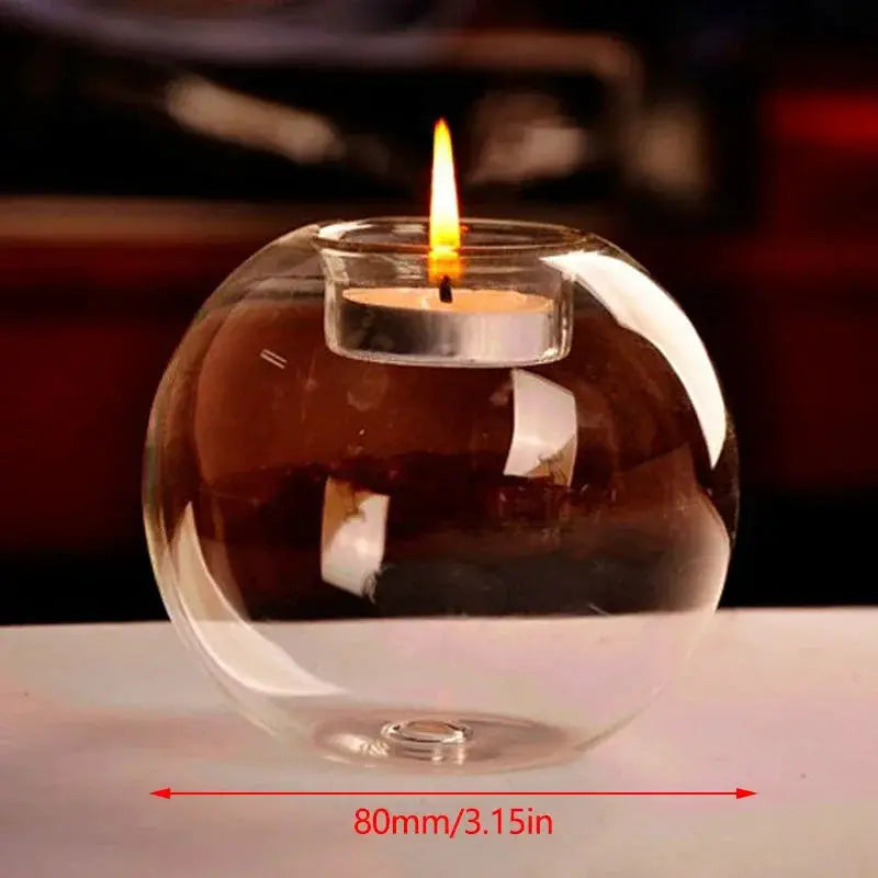 Elegant round glass candle holder by Simples Market, clear glass globe with tealight, 80mm diameter.