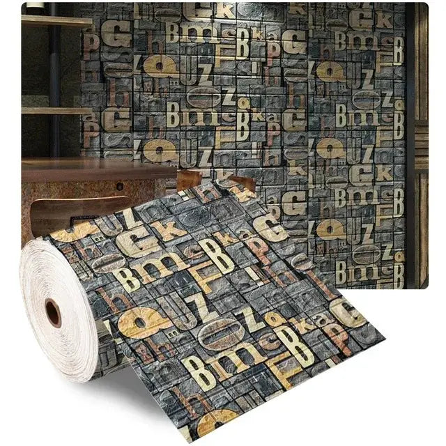 Simples Market 3D foam brick wall panel wallpaper roll, self-adhesive, dark gray bricks with gold lettering.