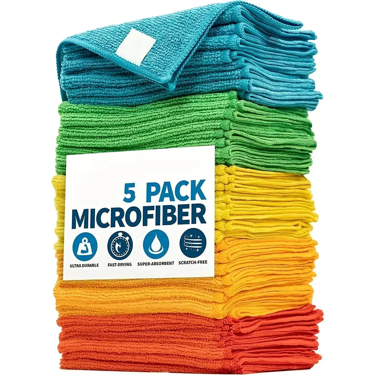 5-pack microfiber cleaning cloths in blue, green, yellow, orange and red