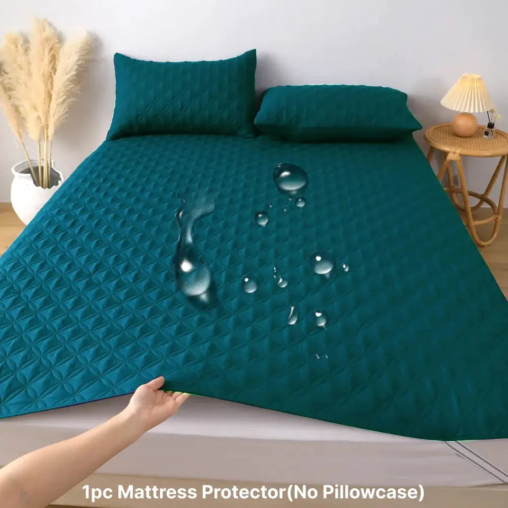 Waterproof mattress protector by Simples Market with elastic band, teal quilted breathable pad on bed