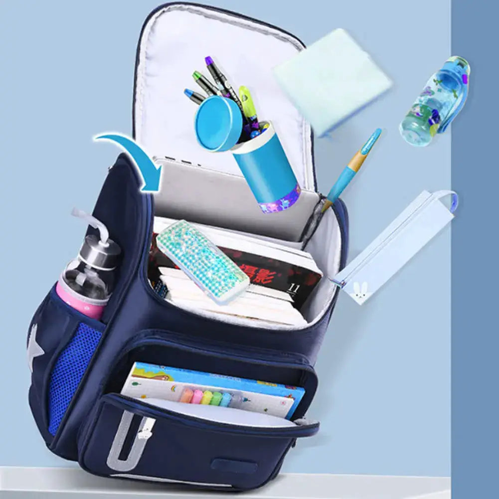 Simples Market navy blue kids' school backpack with multiple compartments and water bottle pocket