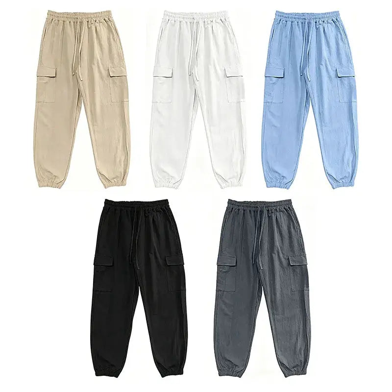Simples Market men's cargo jogger pants with drawstring waist, elastic cuffs and cargo pockets in five colors.