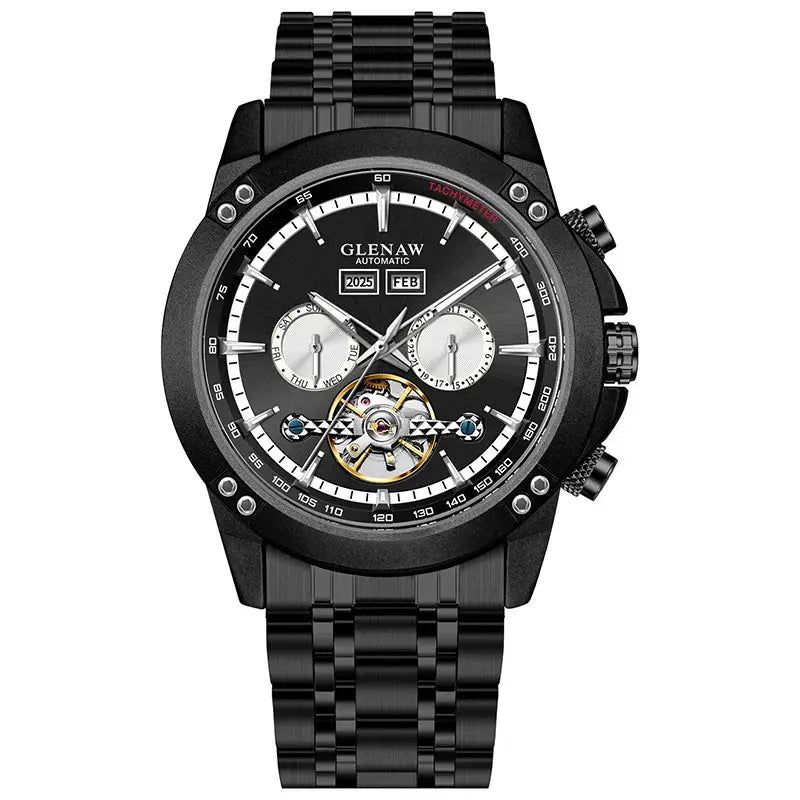 Glenaw automatic mechanical men's watch with black stainless steel bracelet, skeleton dial and chronograph subdials