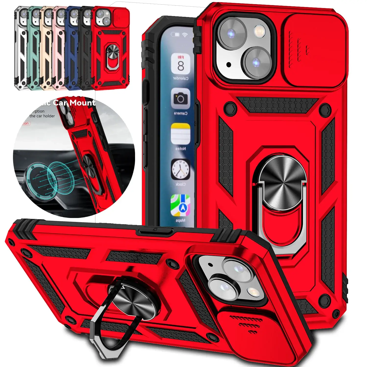Armor shockproof magnetic ring-stand case for iPhone; red with built-in ring holder, 9-color set by Simples Market