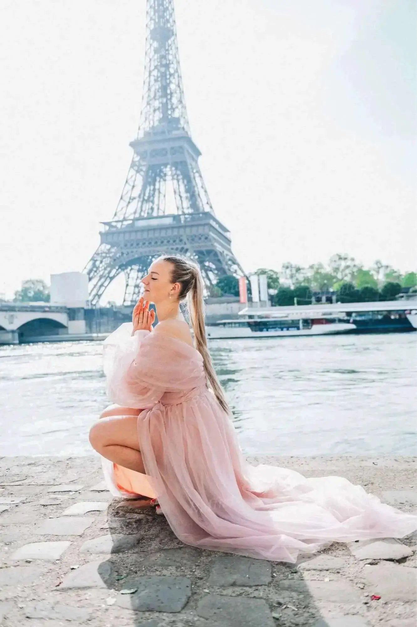 Bafftafe Pink Shiny Tulle Prom Dress Off Shoulder Puff Sleeve Dress