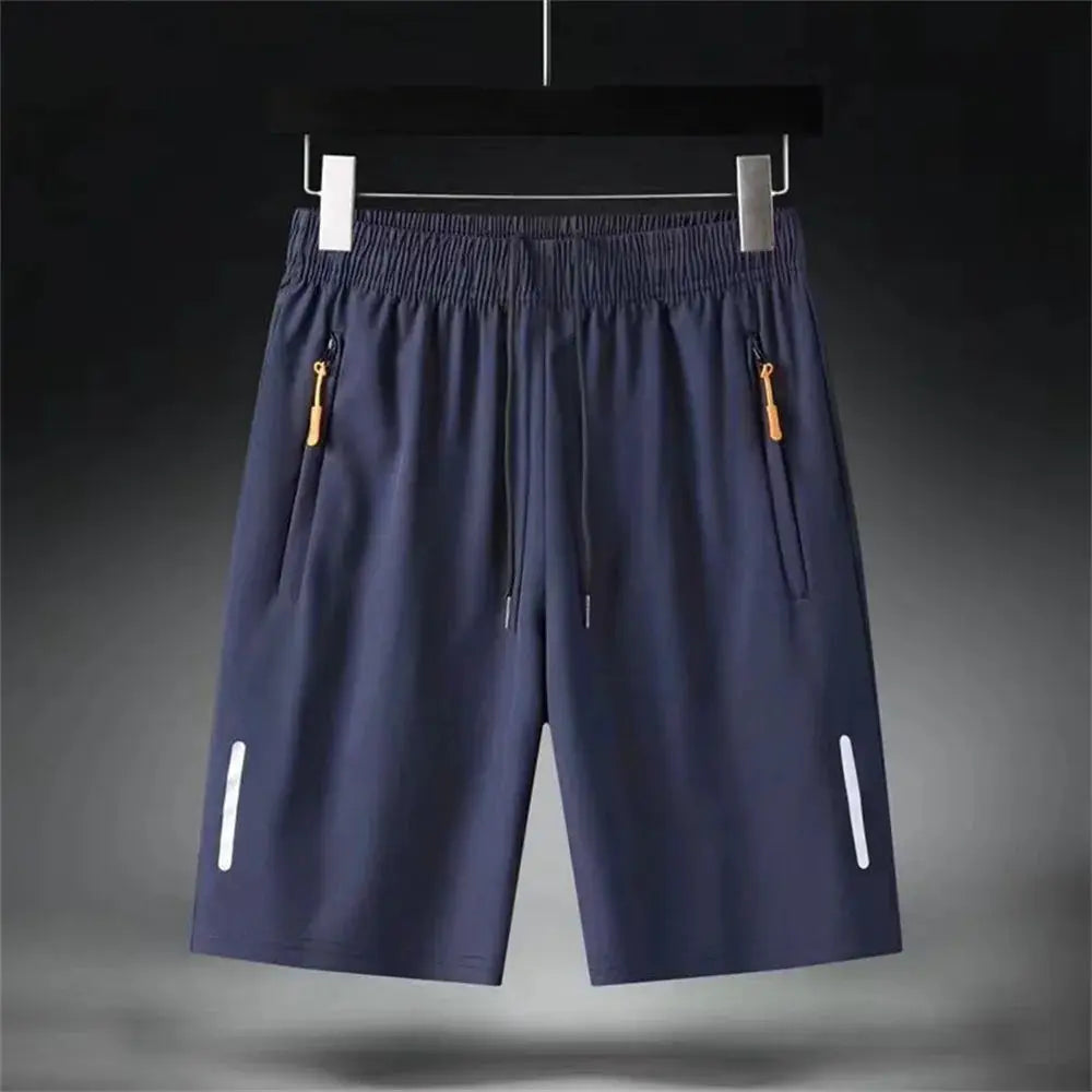 Men's navy blue Simples Market beach shorts with zip pockets, drawstring waist, quick-dry fabric, reflective leg stripes