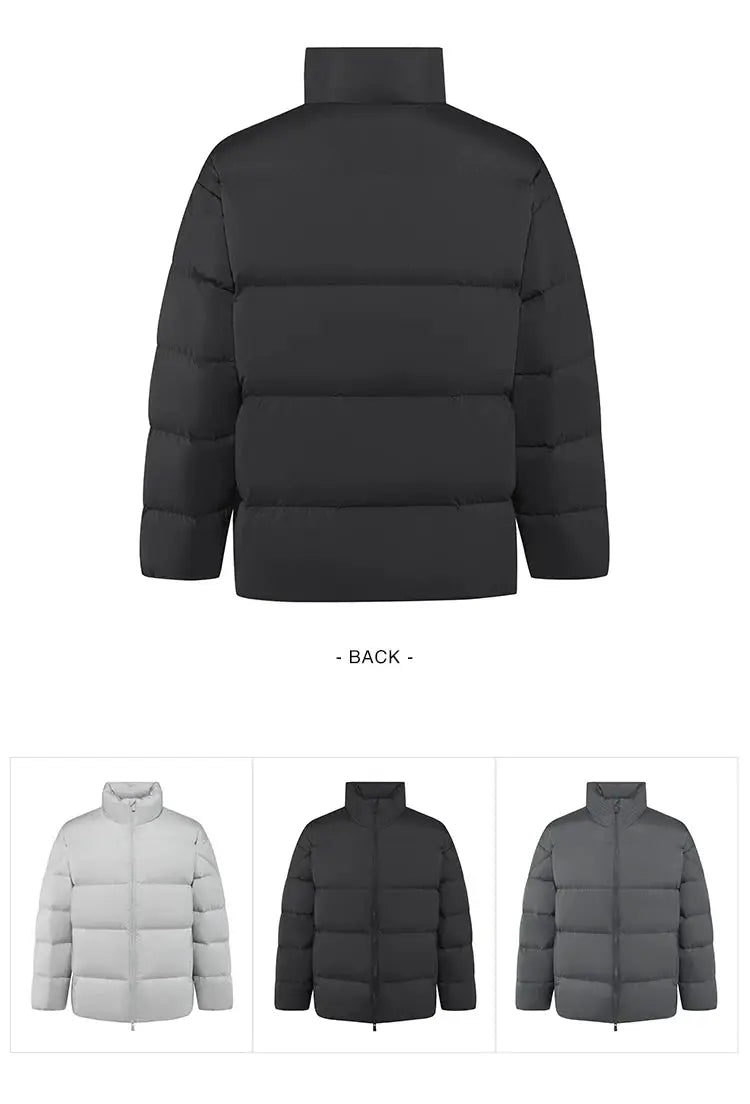 Semir men's down puffer jacket back view; black stand-collar quilted coat, available in white, black and gray (three-color set).