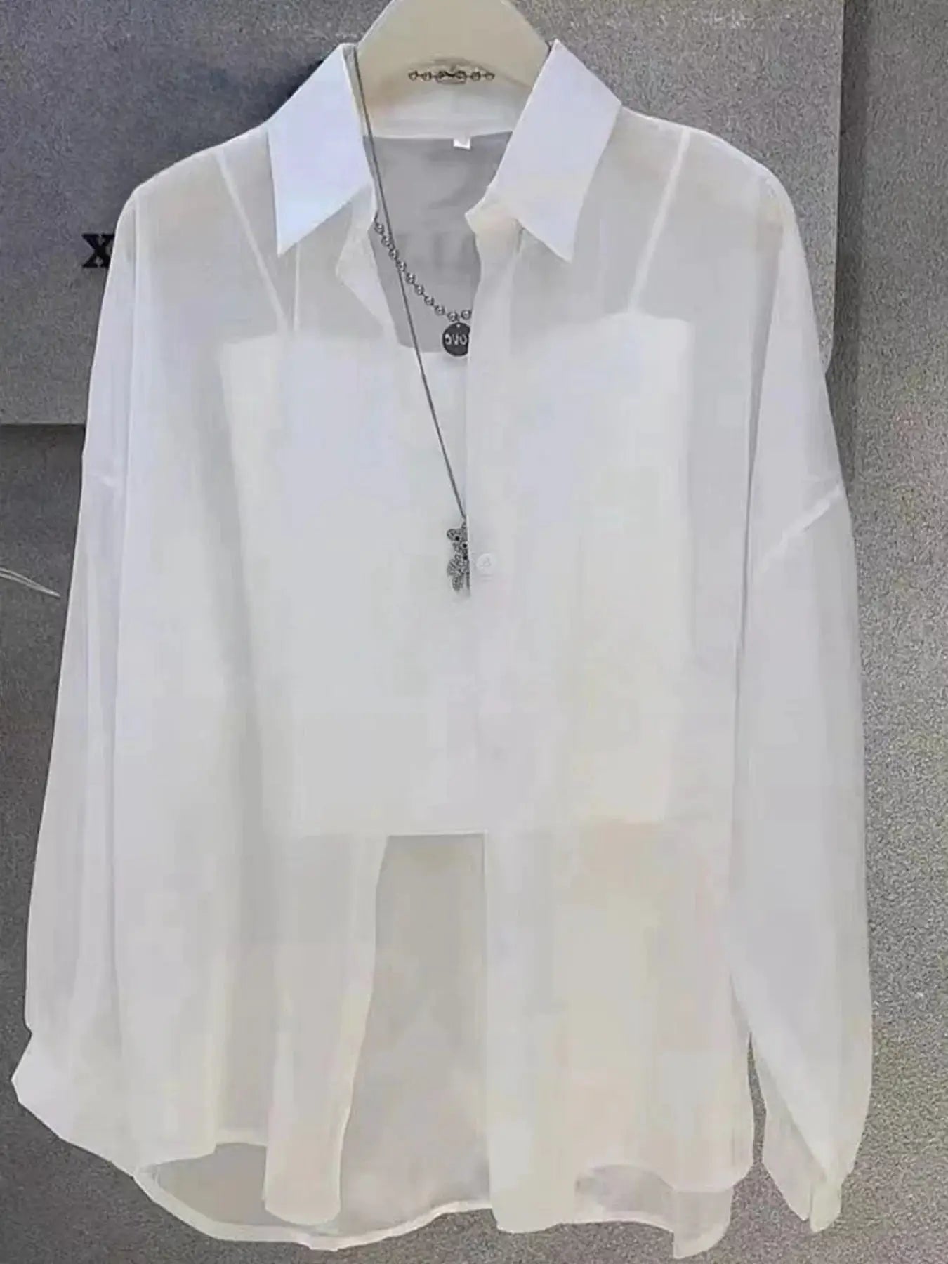Plus Size white sheer chiffon blouse with long sleeves on hanger, Simples Market