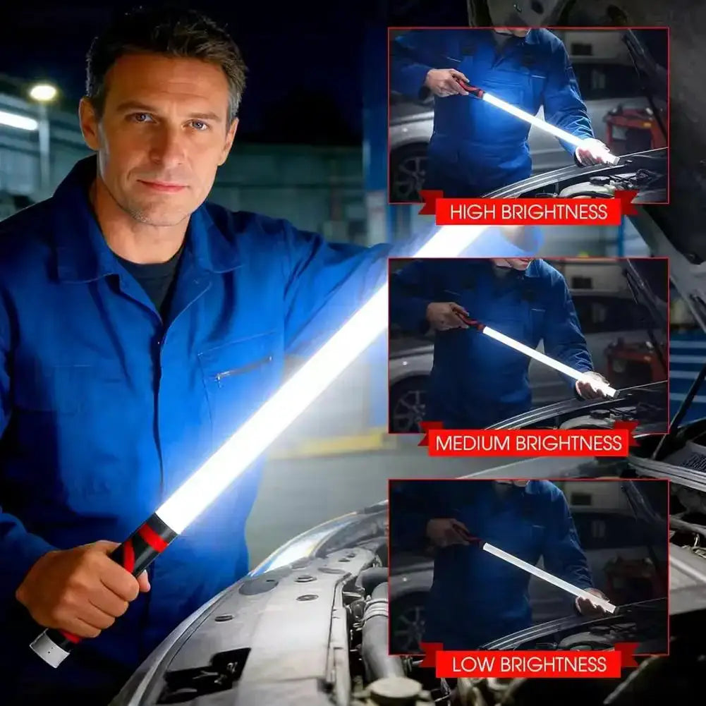 73cm Flexible LED Flashlight Stick by Simples Market, rechargeable work light with a red-accented handle for car repair and engine bay inspection.