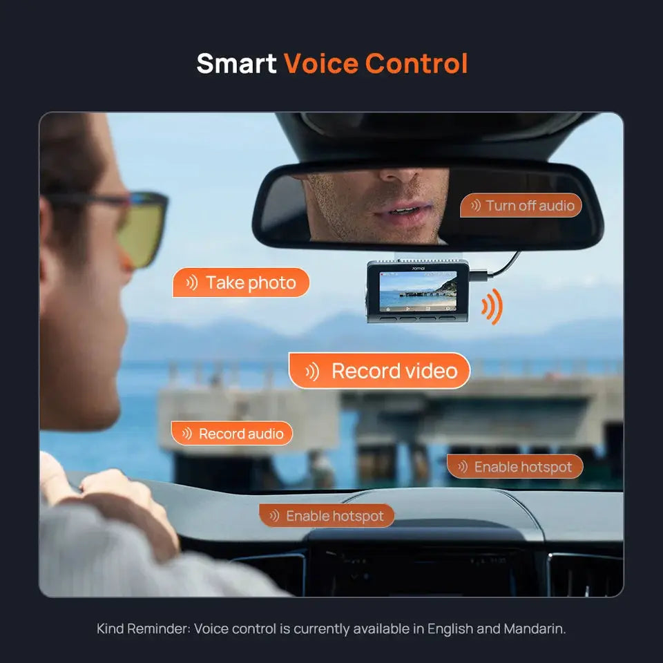 70mai A800SE 4K dash cam with voice control and hotspot features, shown mounted in a car.