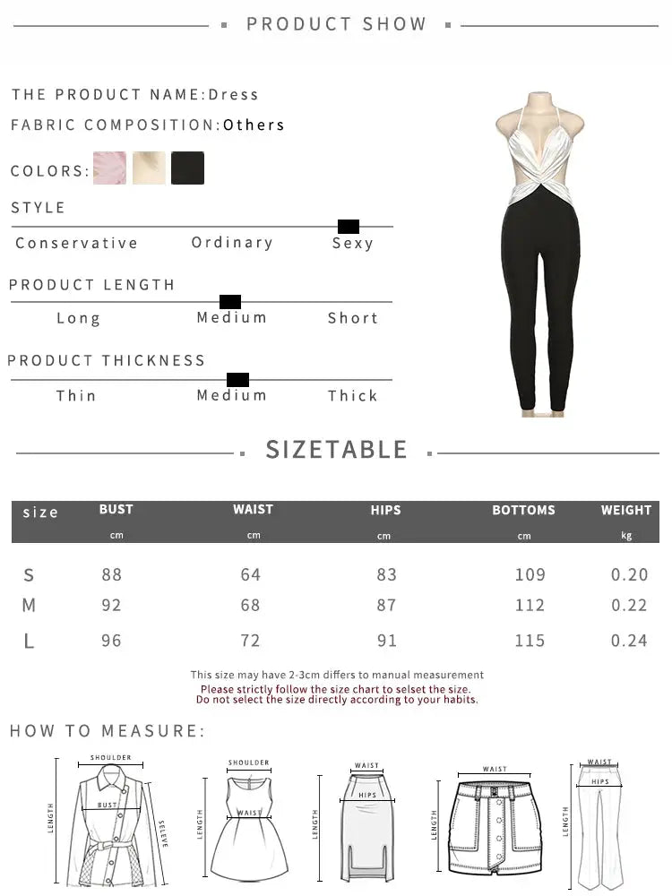 Jumpsuit on mannequin: black silky skinny overalls with white cross-strap backless top