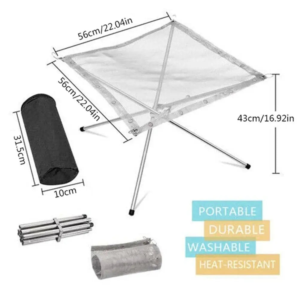Outdoor stainless steel portable bonfire rack with mesh fire pit top and foldable frame, includes carry bag