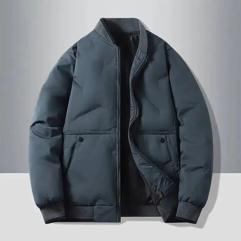 Simples Market men's cotton bomber jacket with baseball collar, dark navy, zip-front, ribbed cuffs.
