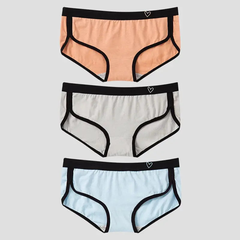 3-pack BANNIROU women's cotton briefs; low-rise, breathable, solid peach, gray and sky blue with black trim.