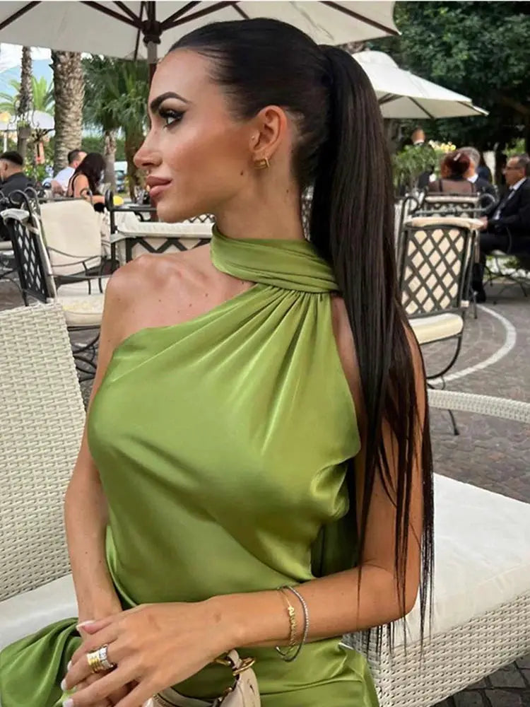 Glamouria Satin Ribbon Party Dress Halter Backless Off Shoulder Sleeveless Gown For Summer Events