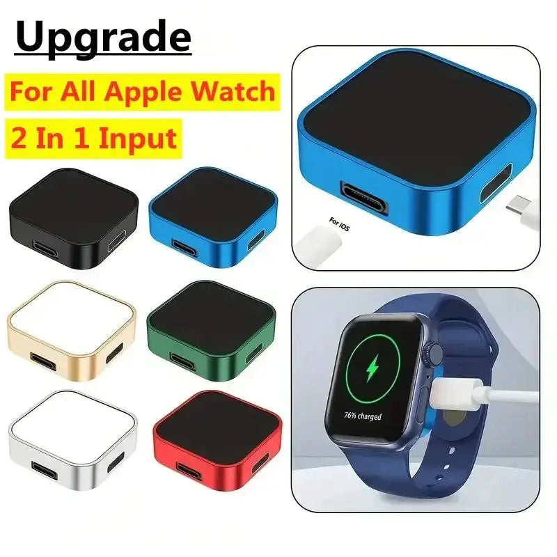 Portable wireless Apple Watch charger, square dock; 2-in-1 input; color options black blue gold green white red